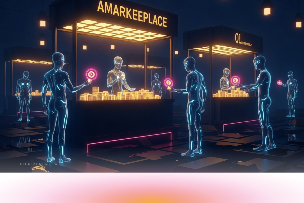 Stylized marketplace of glowing AI agent silhouettes exchanging tokens.