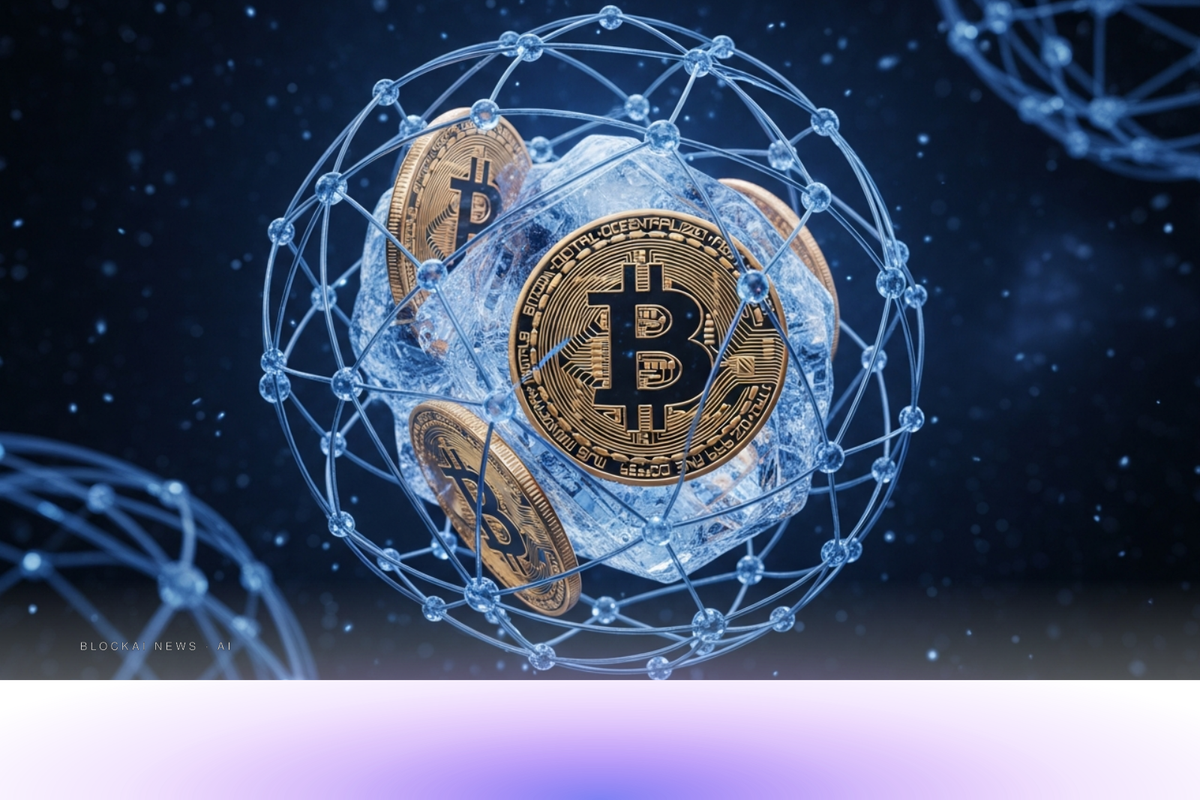 Abstract blue-purple lattice over a glowing Bitcoin sigil, evoking a quantum threat to dormant supply.