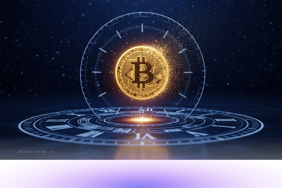 A bitcoin lock icon with a quantum waveform pulling at its edges.