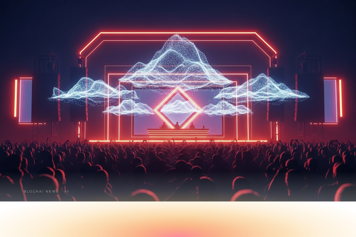 Abstract purple-blue stage silhouettes generated by an AI world model.