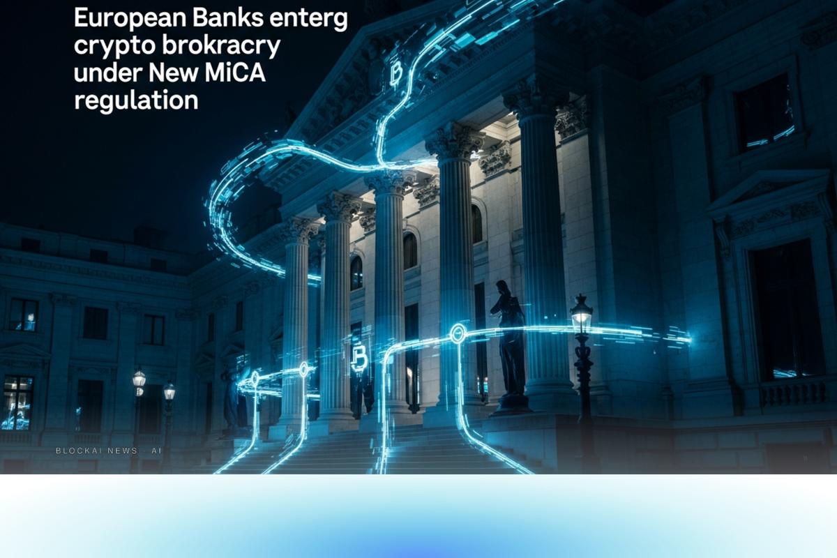 European bank facade with stylized crypto tickers running across the windows.