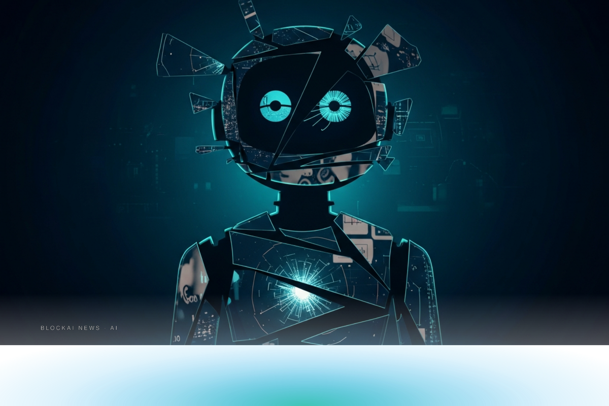 Five abstract chatbot avatars under a magnifying glass, one tinted red.