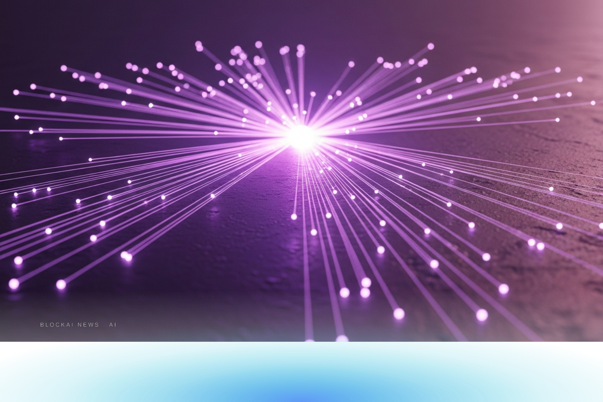 Abstract purple-magenta gradient suggesting creator-economy payments flowing on-chain through a fintech rail.