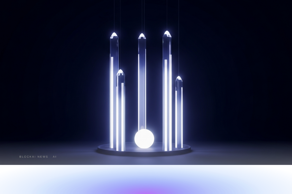 Abstract purple-blue mesh resolving into five anchor points — OpenAI's five principles.