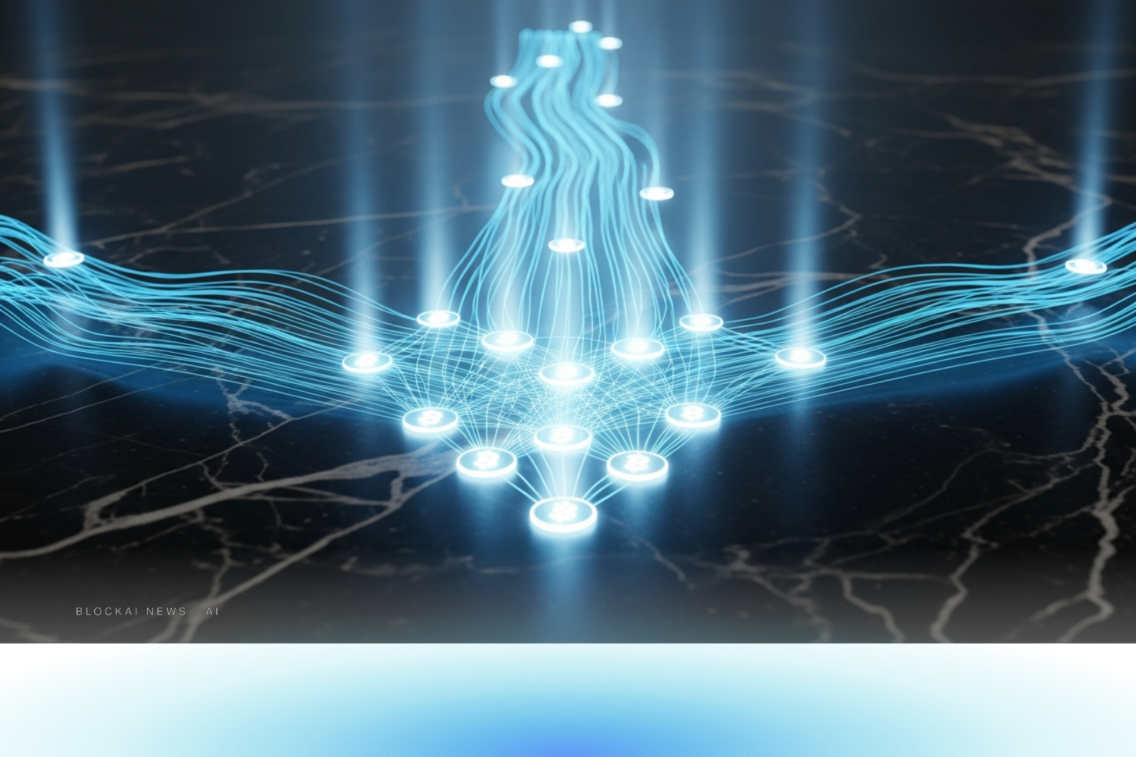 Abstract financial-blue gradient suggesting bank-grade rails connecting to multiple blockchains.