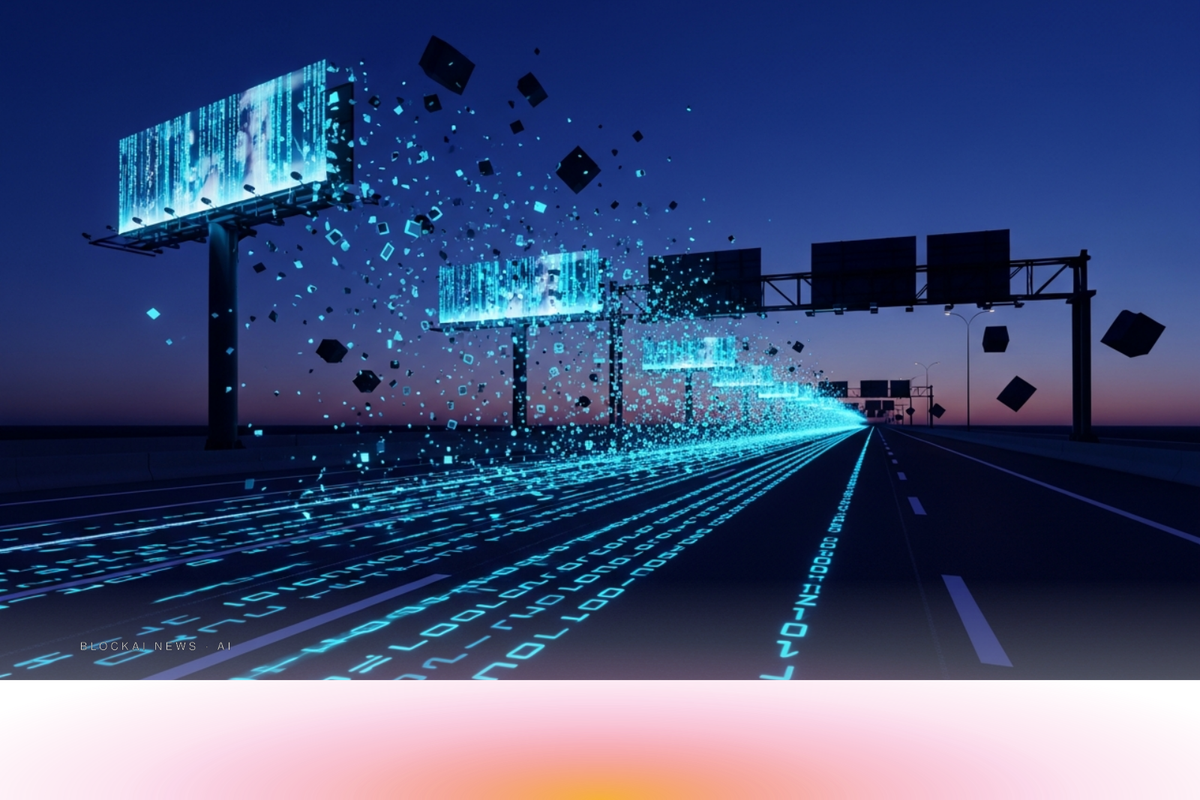 Abstract illustration of glowing digital billboards dissolving into data streams against a dark indigo sky, symbolizing the collapse of internet advertising models.
