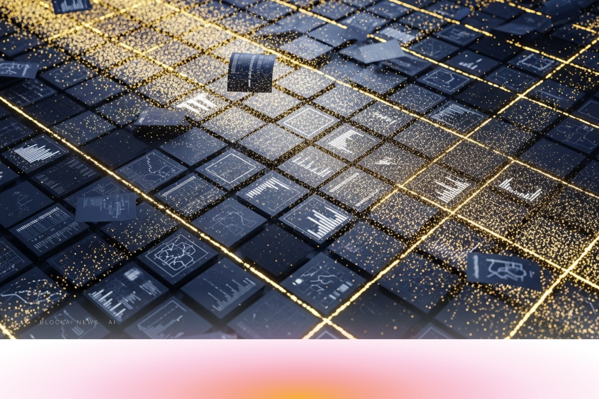 Abstract visualization of financial documents and data streams dissolving into glowing gold particles against a deep navy background.