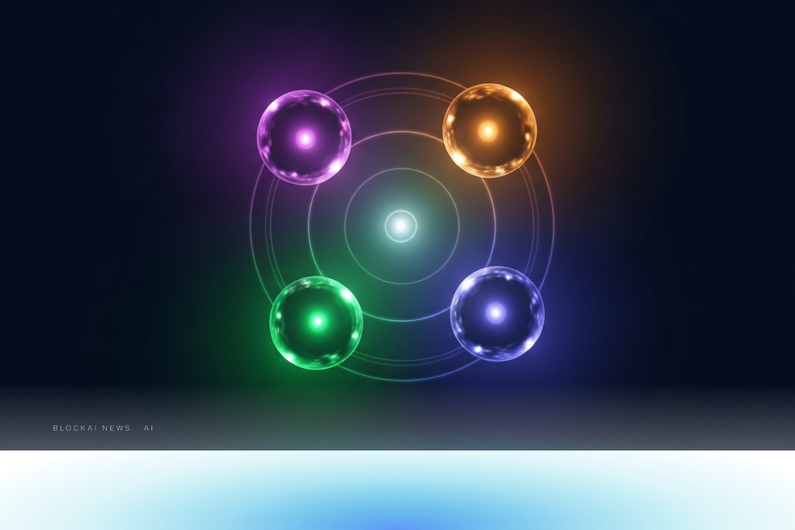 Four glowing AI model orbs in violet, green, amber, and indigo orbiting a central luminous core against deep navy, representing multi-model choice in iOS 27.