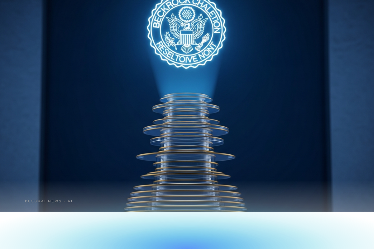 Towering glass reserve-tier sculpture with a regulatory seal casting blue light downward, symbolizing institutional lobbying of the stablecoin framework.