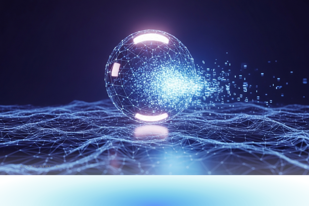 Abstract glowing chrome sphere absorbing streams of blue data in a dark digital landscape with neural lattice patterns.
