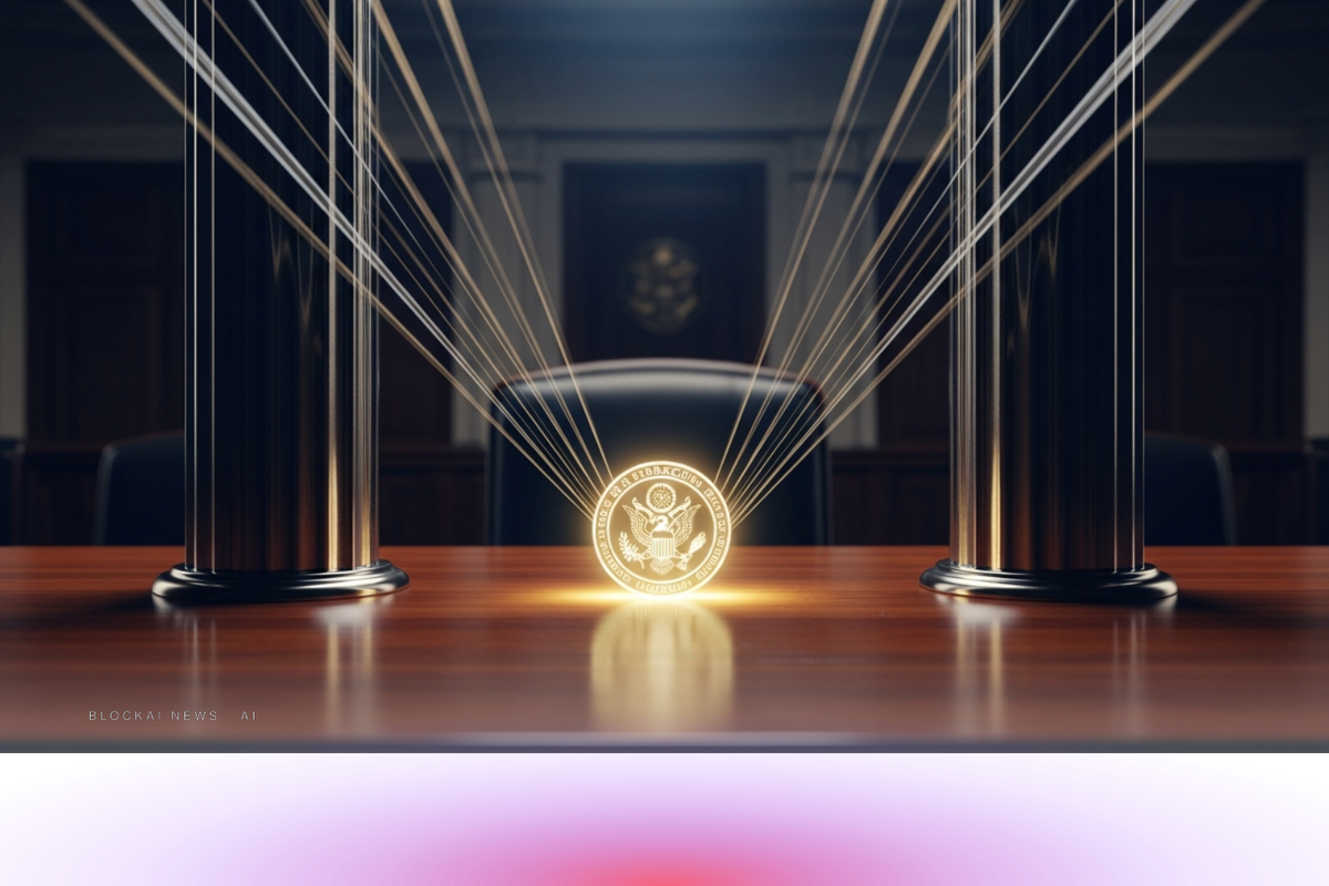 Two chrome columns converging over a glowing stablecoin medallion on a Senate chamber table, representing bipartisan compromise on stablecoin yield.