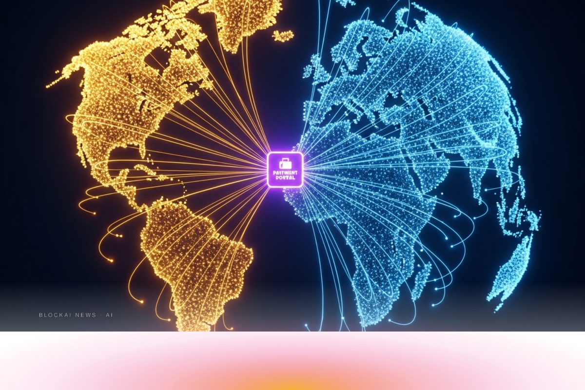 Global internet network split between amber agent-traffic and blue human-traffic pathways converging on a violet payment portal, representing x402 web economics.