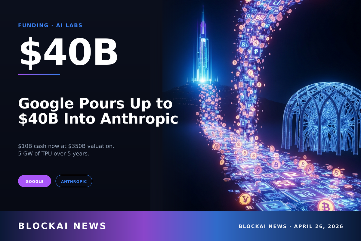 Google up to $40B Anthropic investment graphic: $10B cash, $30B contingent, 5 GW TPU over five years.