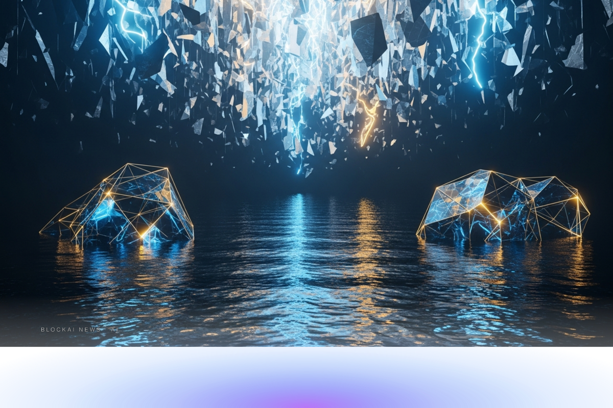 Abstract crystalline structures rising from a dark reflective ocean surface, refracting electric blue and gold light into lattice patterns suggesting deep computational power.