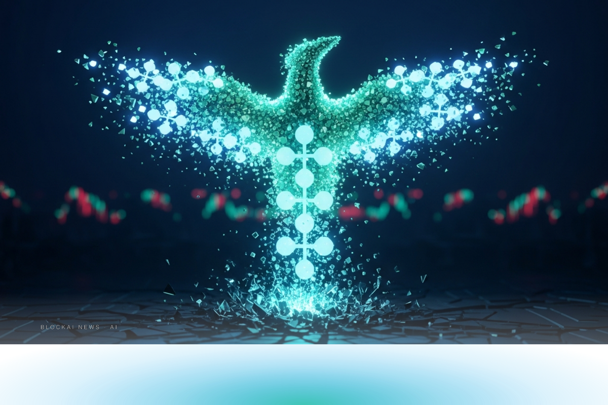 Phoenix form assembled from glowing teal blockchain fragments rising above a fractured trading floor in deep navy, representing Drift Protocol's recovery.