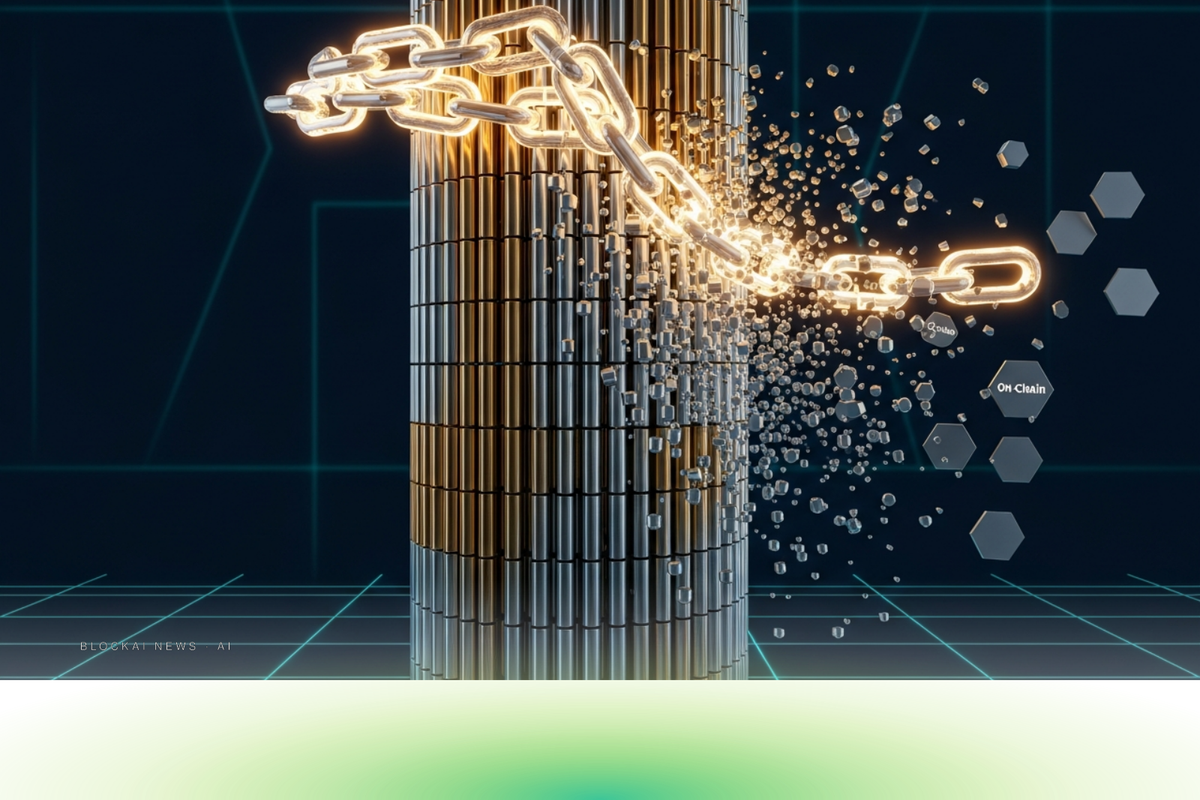 Abstract visualization of traditional financial vault infrastructure transforming into glowing blockchain nodes against a dark blue background.