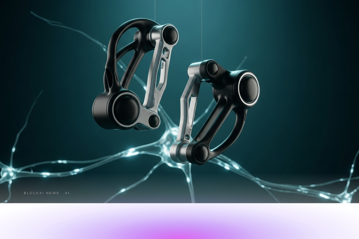 Abstract brushed-titanium robotic hands suspended in a deep teal void with a glowing neural-network lattice beneath the surface.