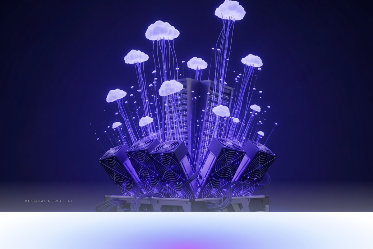 Bitcoin mining rig transforming into violet-blue cloud infrastructure nodes reaching upward, representing IREN's pivot from crypto mining to AI cloud.