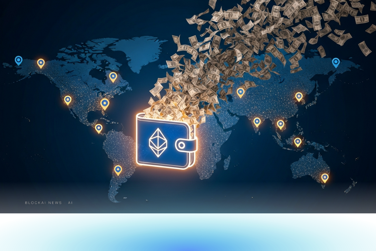 Glowing crypto wallet transforming into currency notes flowing across a global map with amber MoneyGram cash pickup nodes in deep navy.