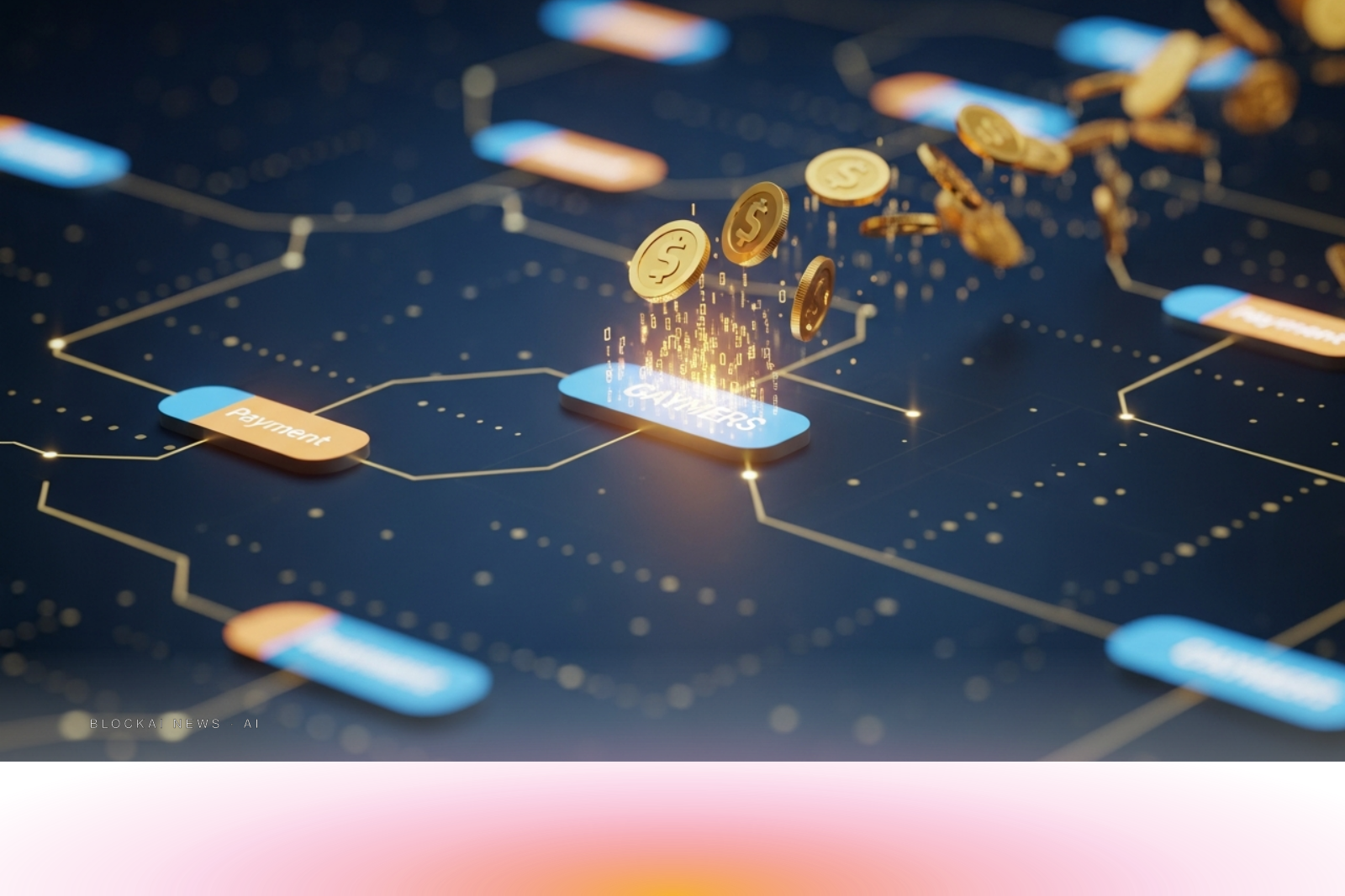 Abstract visualization of AI agent payment nodes flowing through digital transaction networks