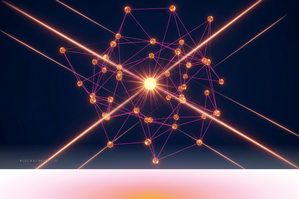 A constellation of glowing amber orbs connected by pink filament lines forming a self-organizing network across deep navy space.