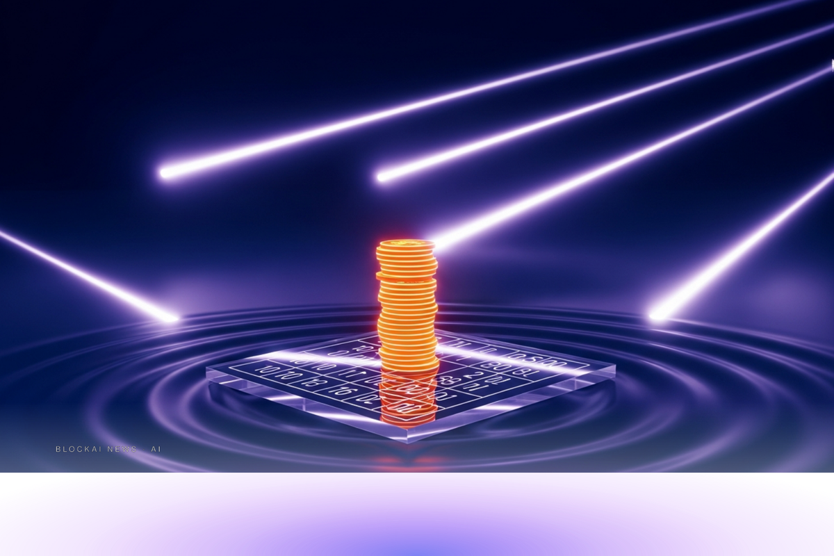 Glowing stack of orange coins floating above a glass corporate ledger in deep navy space.