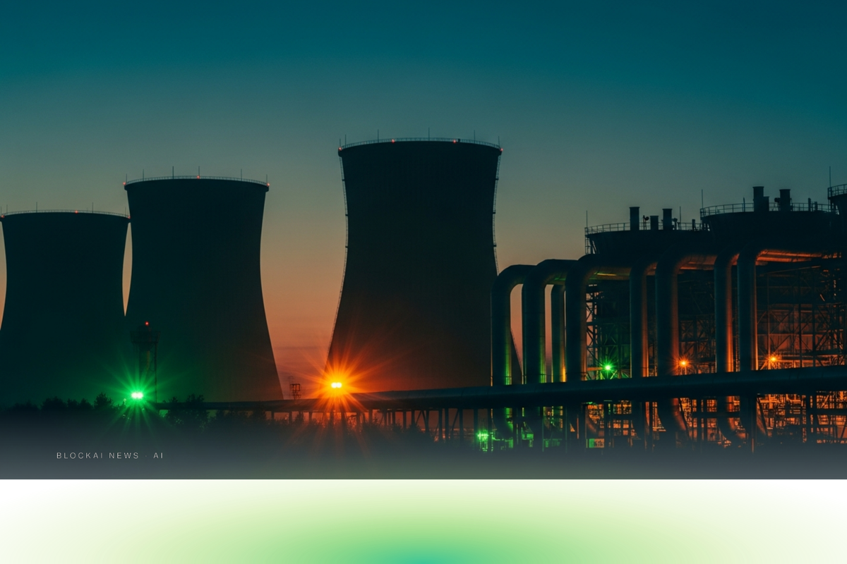 Abstract emerald-amber gradient suggesting industrial power infrastructure converging with computing demand.
