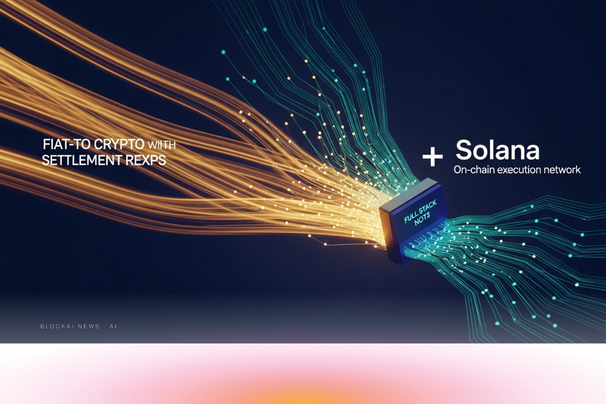 Fiat-to-crypto ramp merging with Solana execution networks via amber and teal payment beams converging into a unified full-stack node in deep navy.