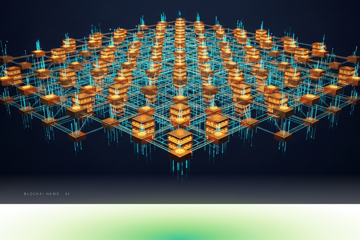 Abstract golden hexagonal network nodes connected by glowing cyan data streams against a deep navy background, representing institutional tokenized asset settlement infrastructure.