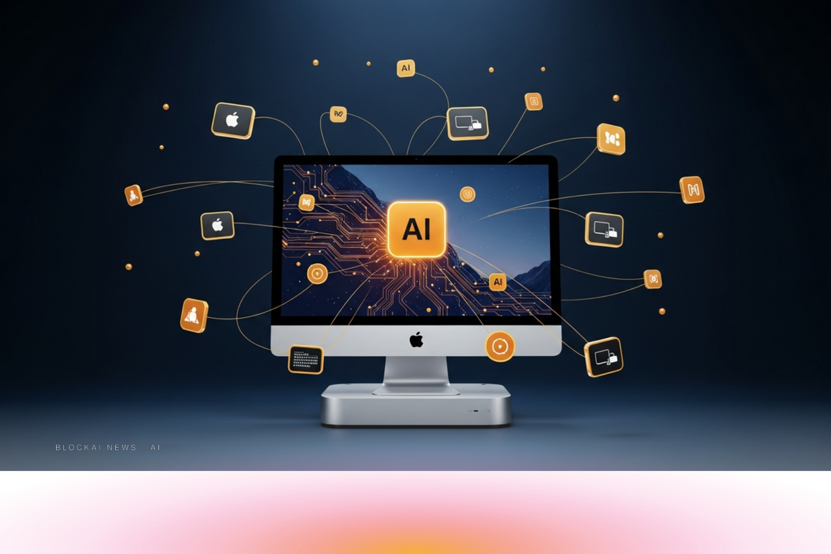 Gleaming Mac mini surrounded by amber-gold AI agent nodes against a deep navy backdrop, representing the AI-driven hardware shortage.
