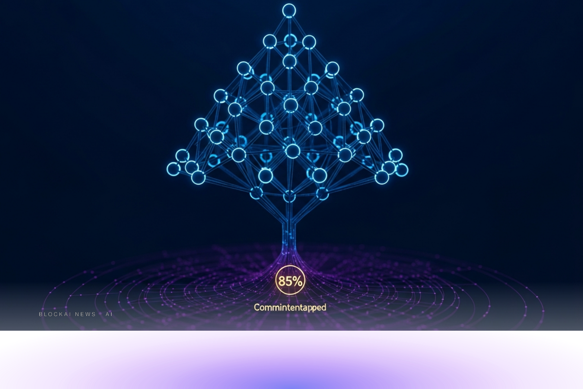 Deep indigo Merkle tree lattice with a golden commitment hash at the root surrounded by violet quantum interference patterns, representing the PACT protocol.