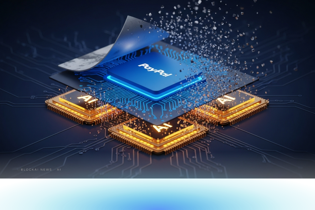 Blue payment network node with legacy layers peeling away to reveal amber AI processing cores against deep navy, representing PayPal's AI transformation.
