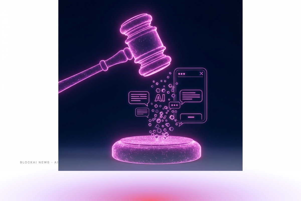 A glowing rose-purple gavel descending toward a fragmented AI conversation interface against deep navy, representing legal accountability for AI medical impersonation.