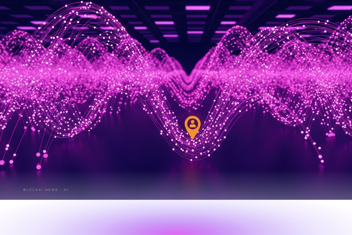 Vast fuchsia-and-violet probability node network with an amber retail marker moving through it, representing the shift to continuous prediction market use.