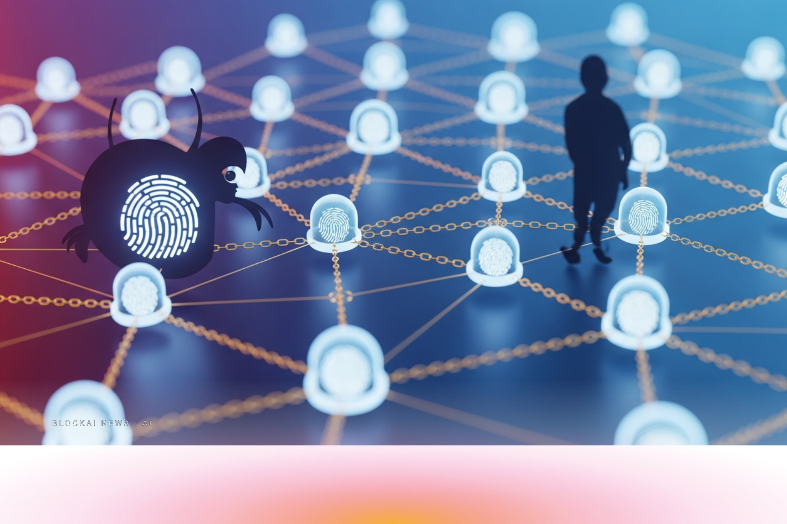 An abstract glowing network of cryptographic nodes connected by golden chain threads against a deep blue-violet background, representing digital identity and trust infrastructure.