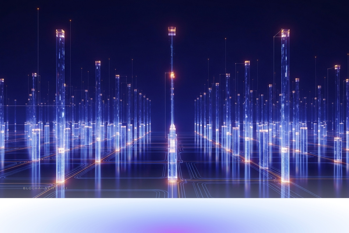 Gleaming European research institute built from luminous data columns with violet-blue and amber accents, representing the SAP-Prior Labs AI acquisition.