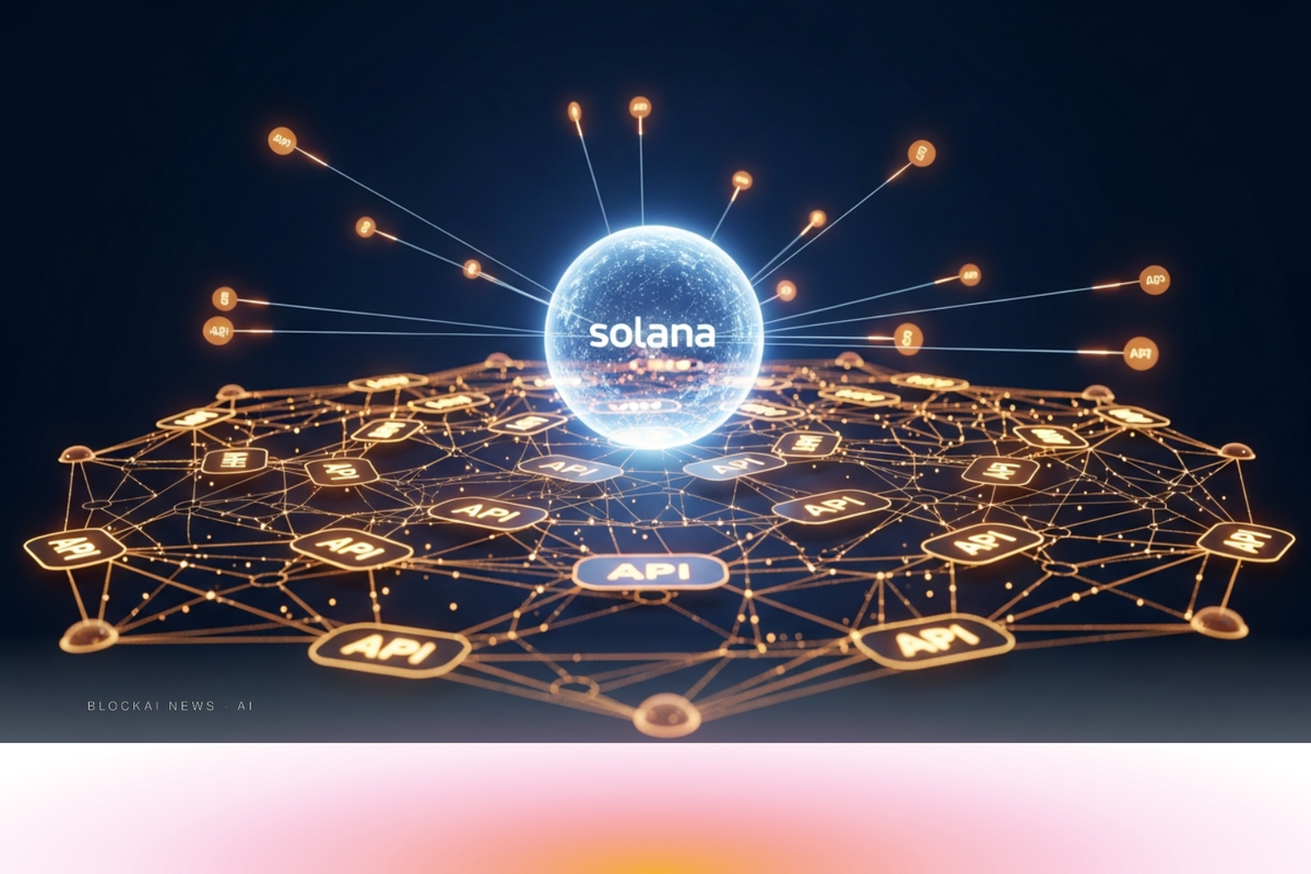 Amber-gold API nodes connecting to a central Solana orb with stablecoin payment beams in a deep navy machine-to-machine network.