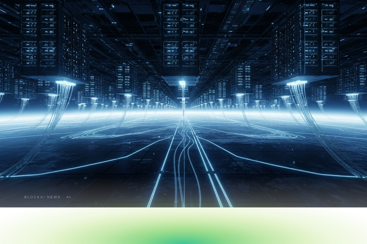 An abstract orbital data center with glowing server racks and fiber-optic cables resembling constellations against a dark space backdrop.