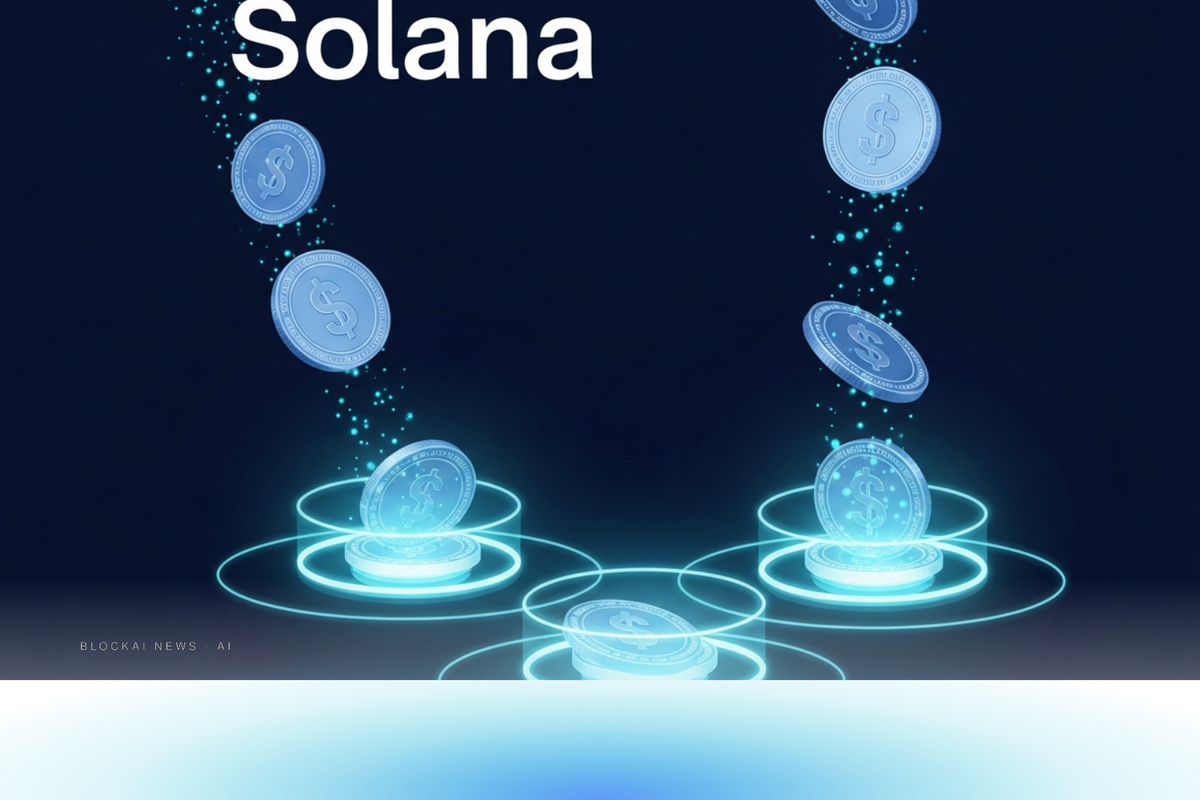 Stablecoin coins flowing from a classical institutional vault into glowing Solana liquidity pools in brand-blue and cyan against deep navy.