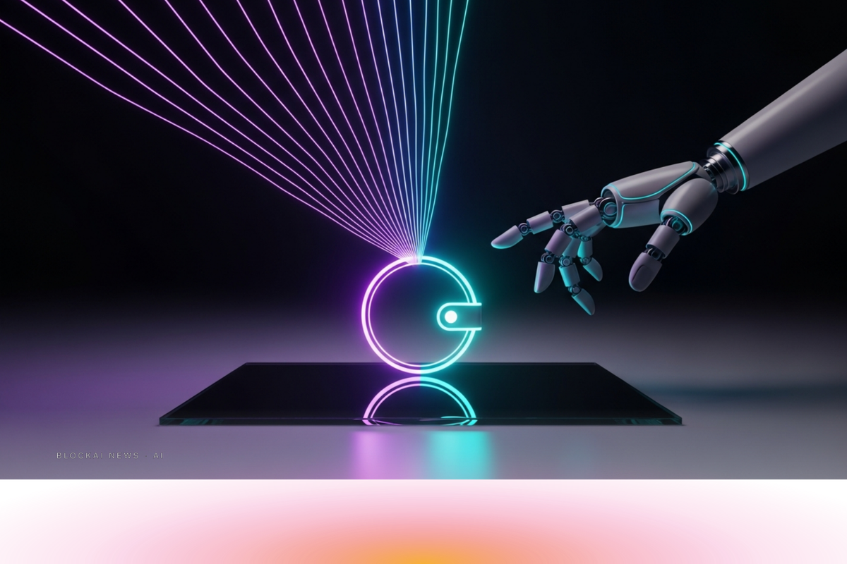 Abstract violet-cyan flow suggesting an autonomous software agent picking up a digital wallet via a glowing OAuth handshake.