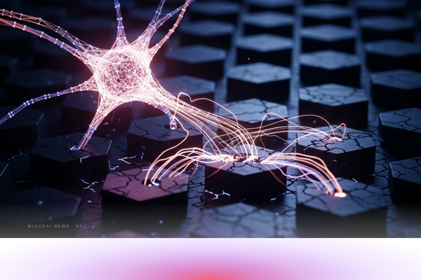 Abstract neural mesh probing a glowing blockchain lattice for cracks.