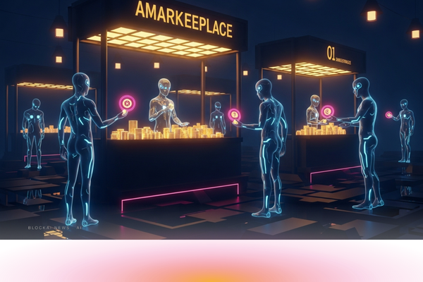 Stylized marketplace of glowing AI agent silhouettes exchanging tokens.