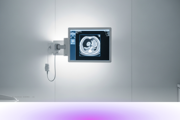 Abstract clinical-blue gradient suggesting AI-augmented medical imaging revealing structures invisible to the human eye.