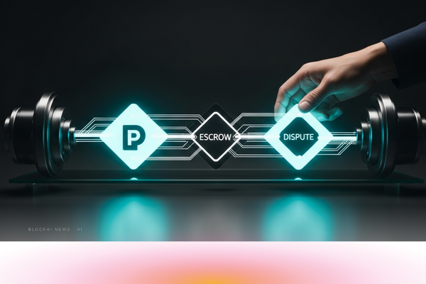 Abstract teal-cyan circuitry suggesting autonomous agents executing commerce on a blockchain network.