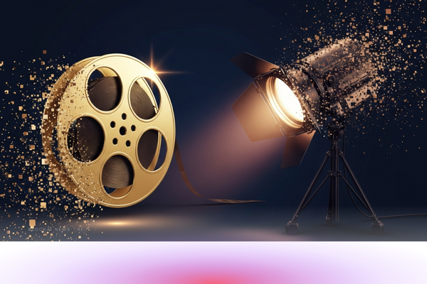Abstract golden film reel dissolving into digital pixel noise, representing the boundary between human and AI performance in film.