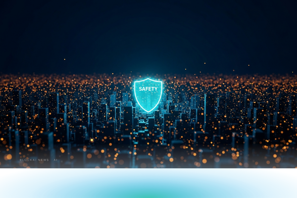 Thousands of amber vulnerability nodes appearing across a digital cityscape with a teal safety shield forming in the center, representing AI's race to patch before attackers exploit.