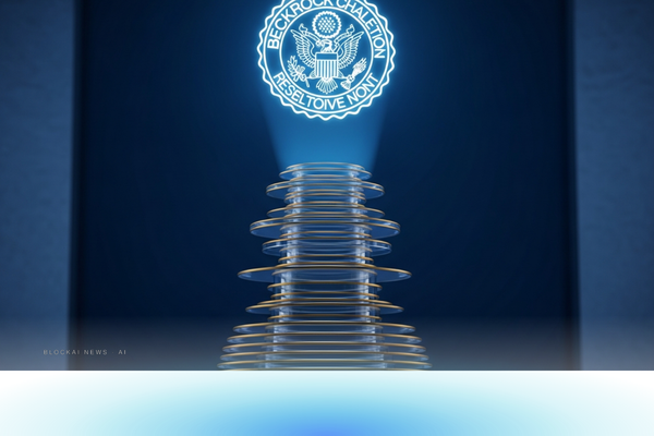Towering glass reserve-tier sculpture with a regulatory seal casting blue light downward, symbolizing institutional lobbying of the stablecoin framework.