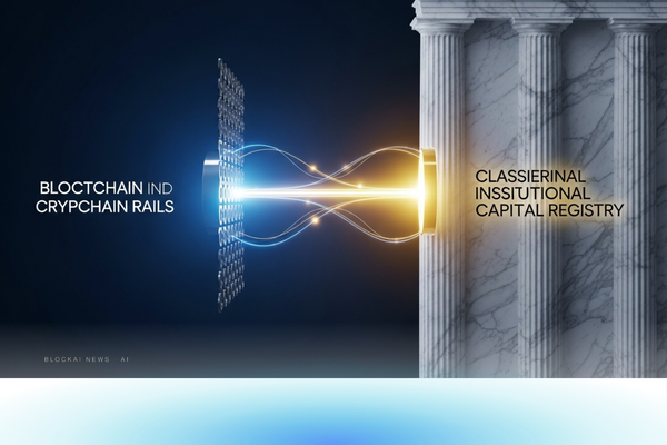 Blockchain ledger and classical institutional registry connected by blue-gold light beams in deep navy, representing crypto meets traditional capital markets.