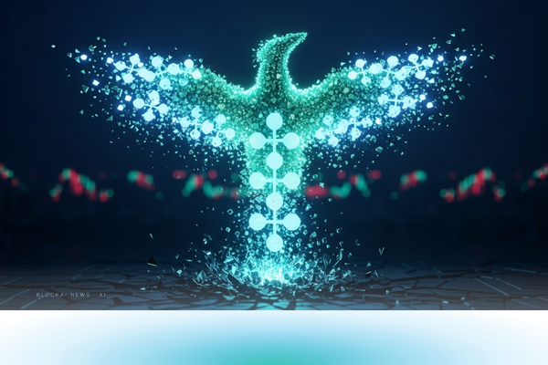 Phoenix form assembled from glowing teal blockchain fragments rising above a fractured trading floor in deep navy, representing Drift Protocol's recovery.