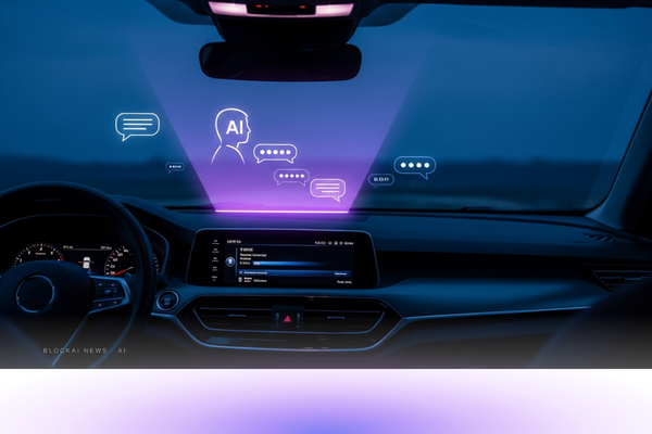 Abstract violet-blue gradient suggesting a luminous AI assistant overlaid on a dashboard interface with conversational cues.